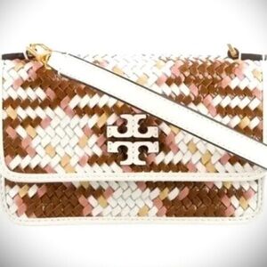 Tory Burch Woven Crossbody Bag in White, Brown, and Pink